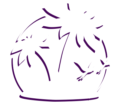 A stylized tropical island with palm trees and birds in flight